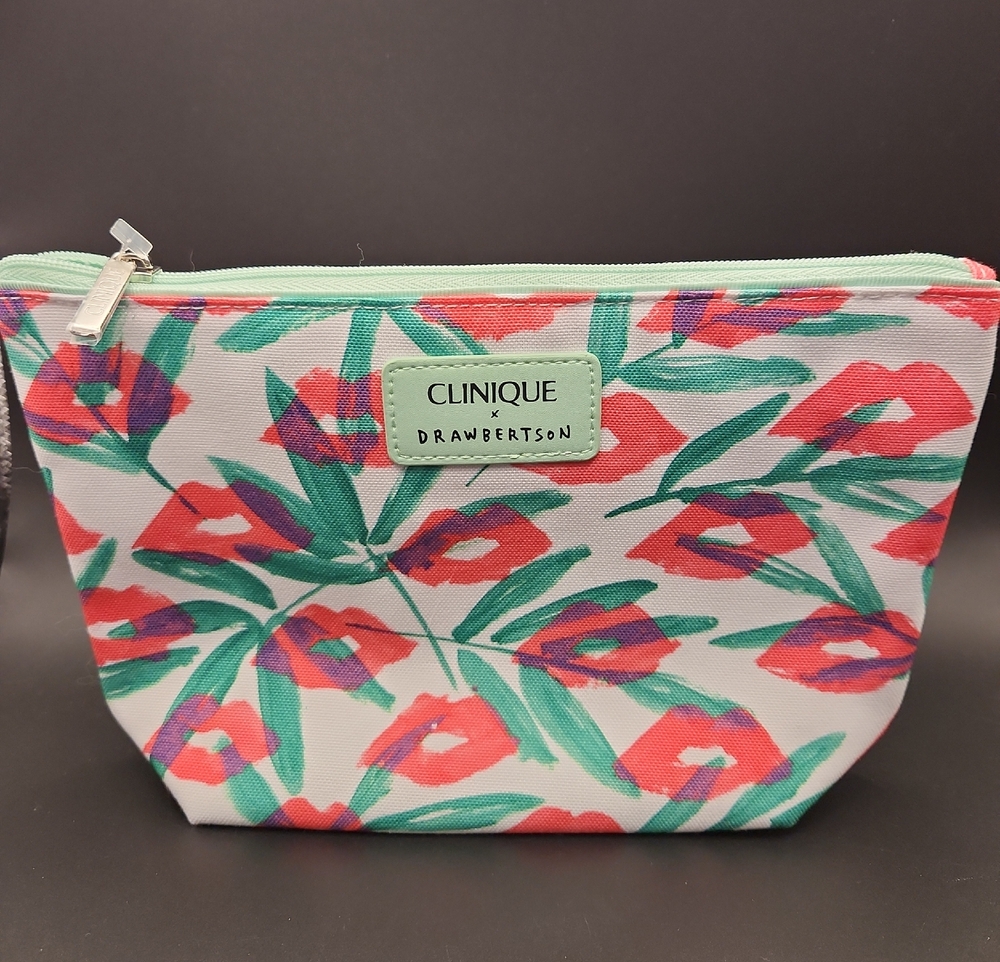 Clinique Drawbertson Coral Mint Lip Print Cosmetic Pouch NWT